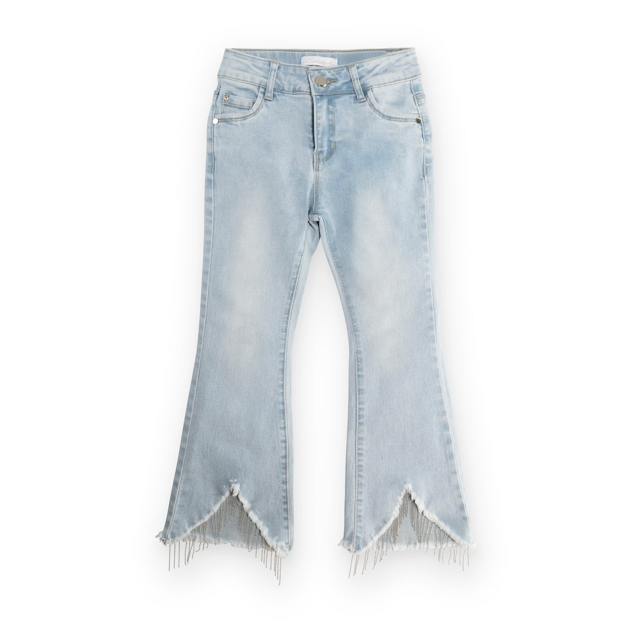 Jeans Denim con vita regolabile e frange